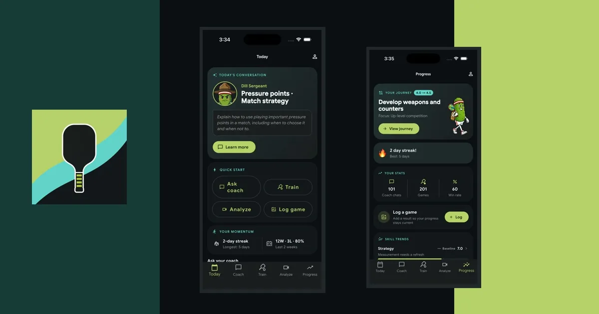 Coach Pickle daily coaching dashboard and progress tracking screens