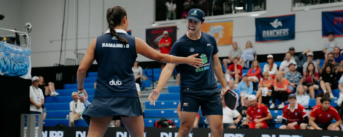Jade Kawamoto and Ben Johns celebrating during a Major League Pickleball mixed doubles match