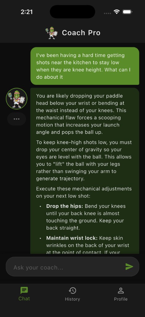 Coach Pickle mobile chat interface: AI pickleball coach answers a technical question about keeping low shots near the kitchen, with strategy tips and bullet-point mechanical cues in a dark-themed conversation.