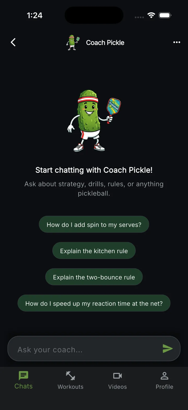 Coach Pickle chat start screen: large pickle mascot art, "Start chatting with Coach Pickle!" headline, and suggested prompt chips for serves, the kitchen rule, the two-bounce rule, and net reaction time.