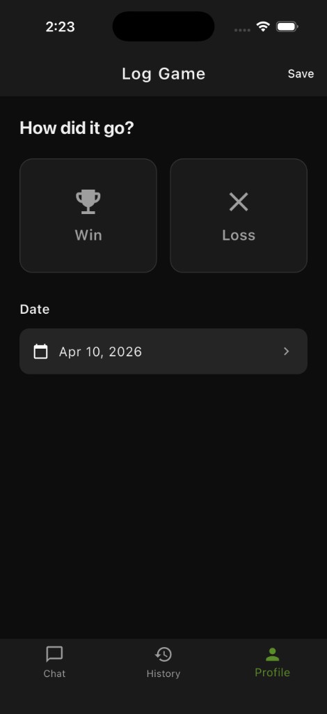 Coach Pickle Log Game screen on iPhone: record Win or Loss, pick a date with a calendar control, and save — dark mode sports activity logging UI.