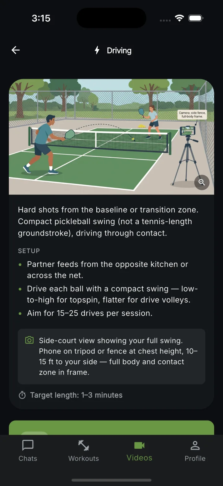 Coach Pickle drill setup screen for Driving: illustrated pickleball court showing a player, a feeder, and a phone on a tripod framing the full body, with setup bullets on feeding cadence and swing mechanics, camera guidance, and a 1-3 minute target length.