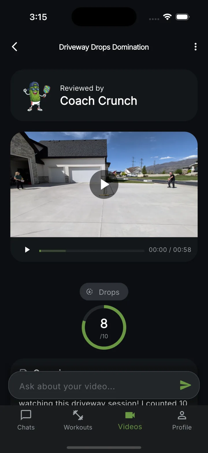 Coach Pickle drill analysis result titled "Driveway Drops Domination": header "Reviewed by Coach Crunch" with a cartoon mascot, an embedded video player of the drill, a Drops pill, and a circular 8/10 overall rating.
